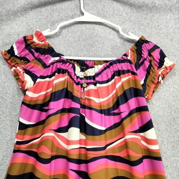 Jude Connally Swing Dress Womens Sz XS Multicolor Wave Print Short Sleeve Ruffle - Picture 2 of 11